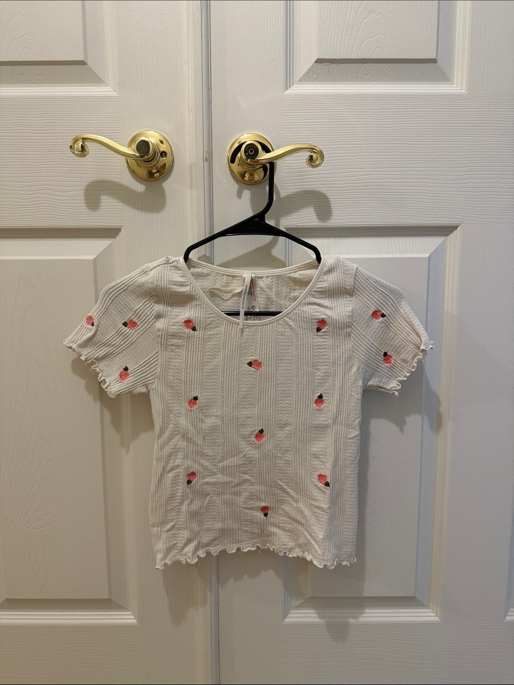 Anthropologie White Ribbed Tee with Pink Rose Embroidery